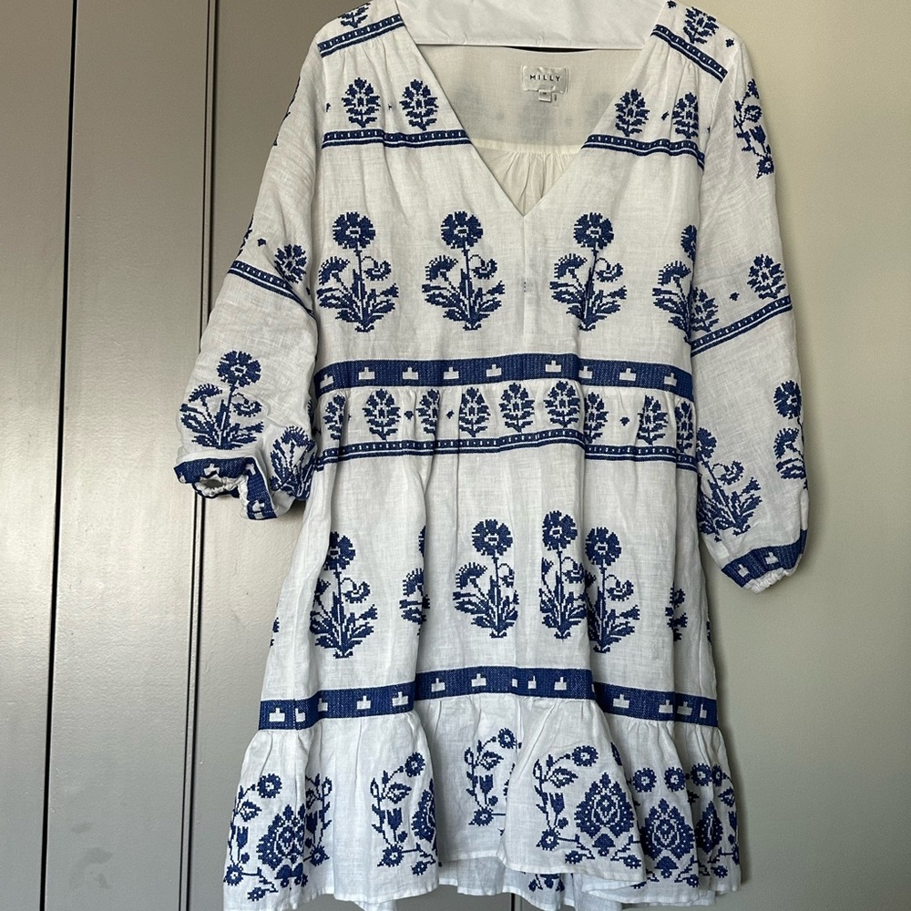 Milly Ivory and Navy Floral Midi Dress